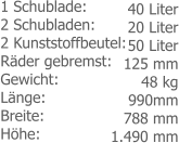 1 Schublade:2 Schubladen: 2 Kunststoffbeutel:Räder gebremst: Gewicht: Länge: Breite: Höhe: 40 Liter20 Liter50 Liter125 mm 48 kg990mm 788 mm 1.490 mm